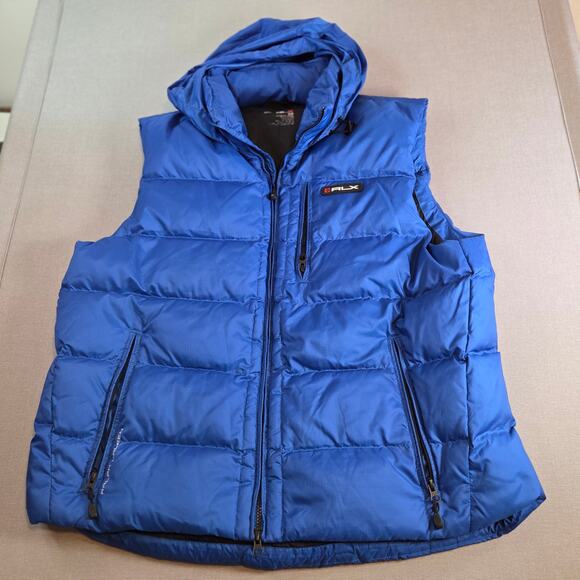 RLX Ralph Lauren Men’s XL Blue Hooded Down Puffer Vest Packable Zip Pockets - Picture 1 of 11